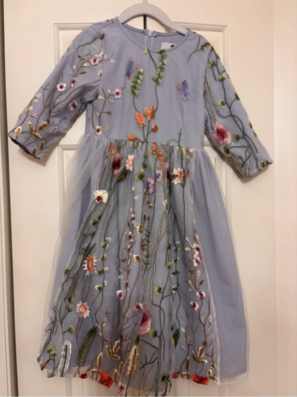 Dainty Jewells Embroidered Light Blue Floral Tulle Party Dress for Kids